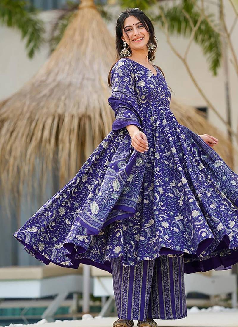 Blue heavy digital printed pure maslin salwar-kameez