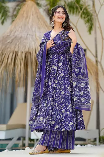 Blue heavy digital printed pure maslin salwar-kameez