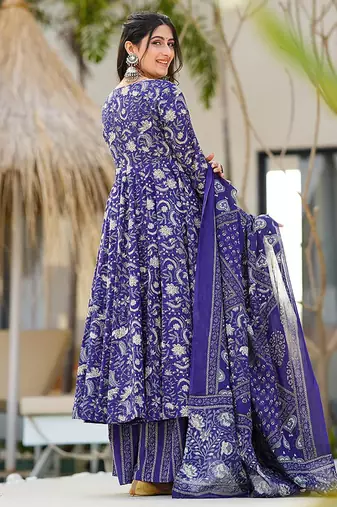 Blue heavy digital printed pure maslin salwar-kameez
