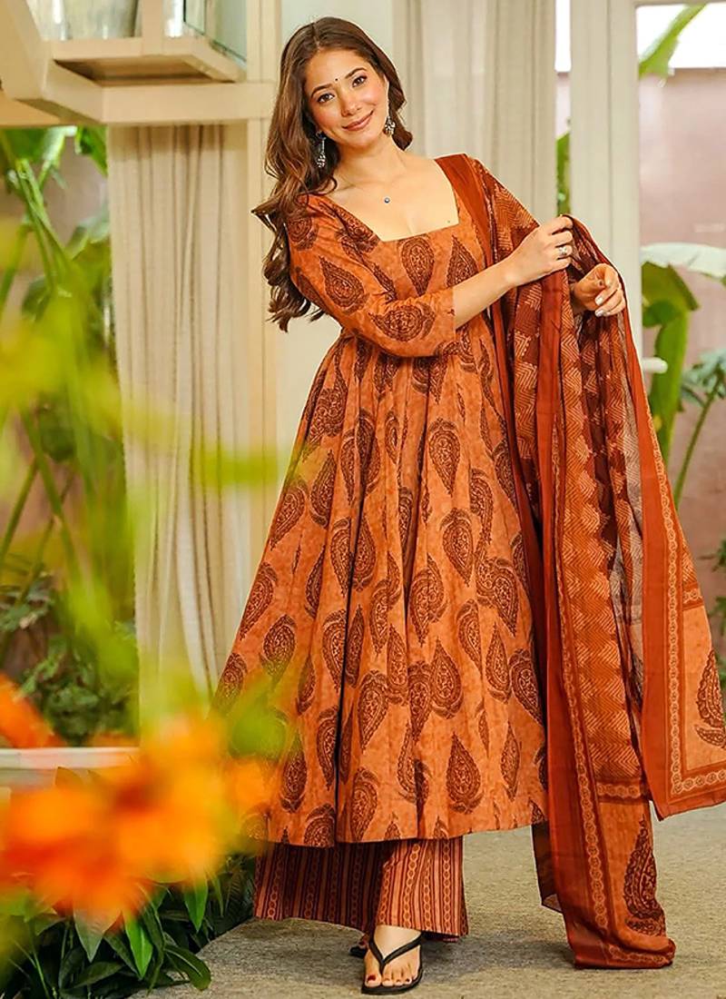 Orange heavy digital printed pure maslin salwar-kameez