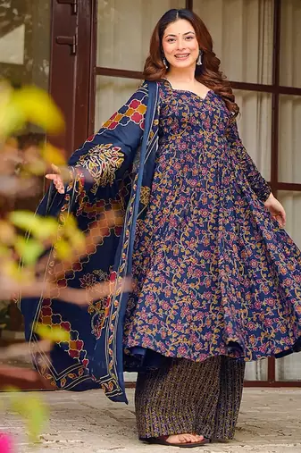 Blue heavy digital printed pure maslin salwar-kameez