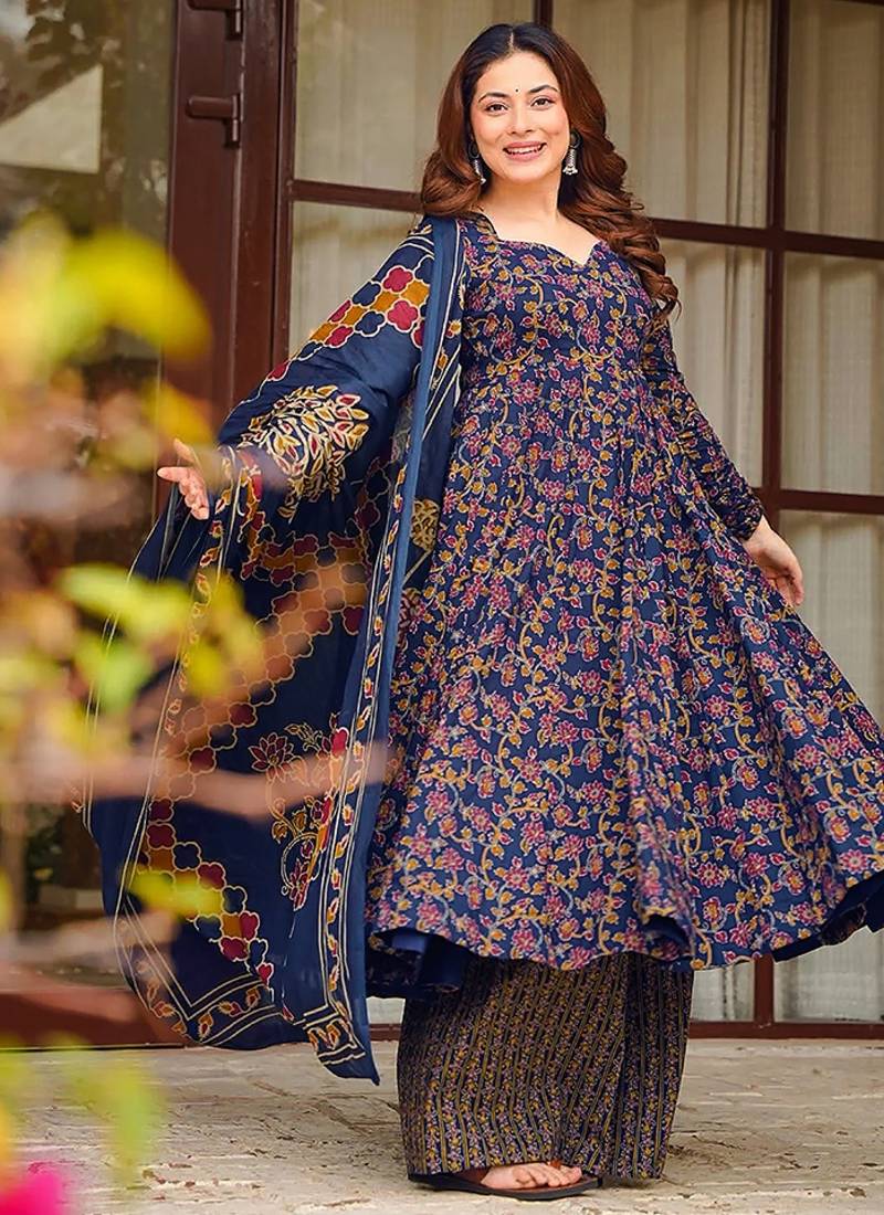 Blue heavy digital printed pure maslin salwar-kameez