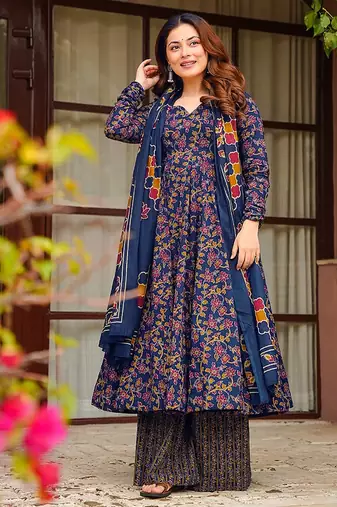 Blue heavy digital printed pure maslin salwar-kameez