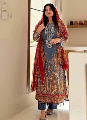 Printed chinon kurta plazzo set with dupatta & diamond work 1