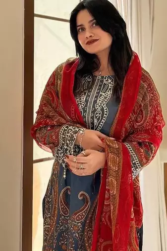 Printed chinon kurta plazzo set with dupatta & diamond work