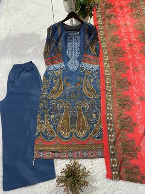 Printed chinon kurta plazzo set with dupatta & diamond work 4