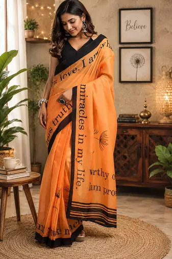 orange chanderi cotton geomatric & floral printed ready made saree