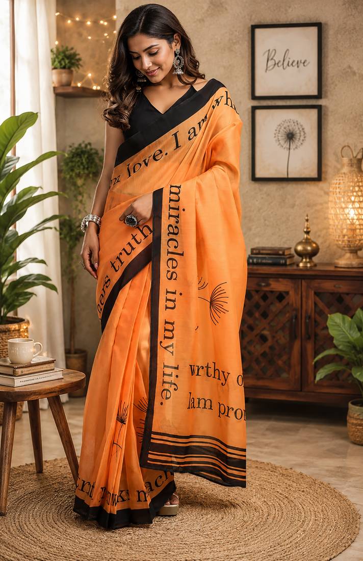 orange chanderi cotton geomatric & floral printed ready made saree