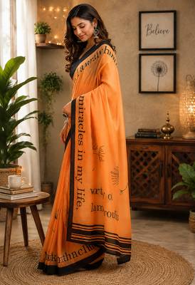 orange chanderi cotton geomatric & floral printed ready made saree 2