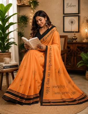 orange chanderi cotton geomatric & floral printed ready made saree 3