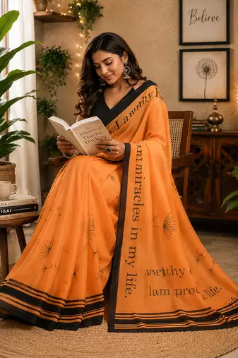 orange chanderi cotton geomatric & floral printed ready made saree
