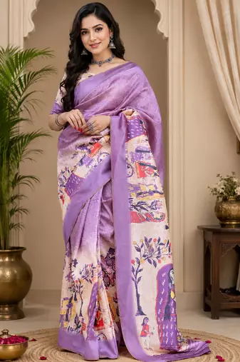 lavender chanderi cotton floral printed pre-stitched saree