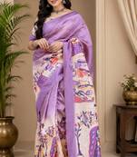 lavender chanderi cotton floral printed pre-stitched saree