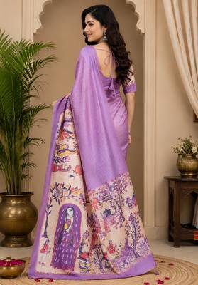lavender chanderi cotton floral printed pre-stitched saree 3