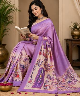 lavender chanderi cotton floral printed pre-stitched saree 4