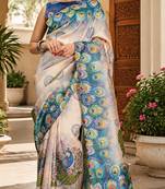 cream chanderi cotton peacock feather pattern printed ready to wear saree