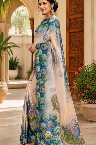 cream chanderi cotton peacock feather pattern printed ready to wear saree