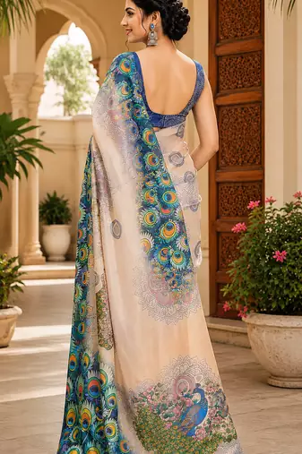 cream chanderi cotton peacock feather pattern printed ready to wear saree