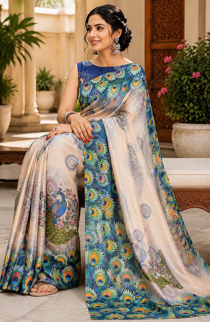 cream chanderi cotton peacock feather pattern printed ready to wear saree