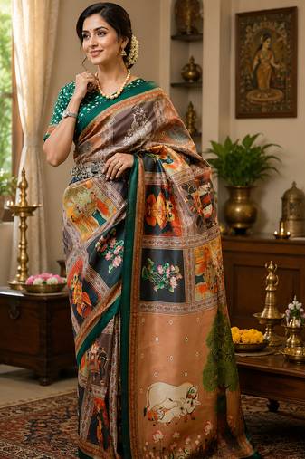 multicolor chanderi cotton kamdhenu grid printed pre draped saree