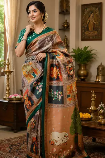 multicolor chanderi cotton kamdhenu grid printed pre draped saree