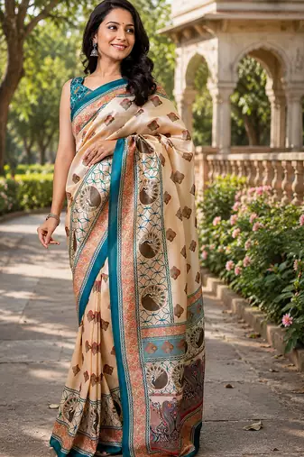 beige chanderi cotton geomatric & block print style printed ready made saree