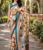 beige chanderi cotton geomatric & block print style printed ready made saree