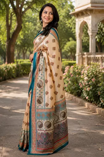 beige chanderi cotton geomatric & block print style printed ready made saree