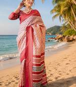 off white chanderi cotton ikat printed pre-stitched saree