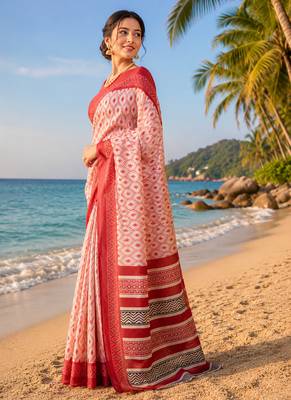 off white chanderi cotton ikat printed pre-stitched saree 2