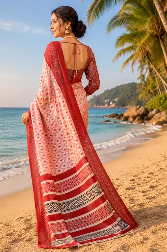 off white chanderi cotton ikat printed pre-stitched saree