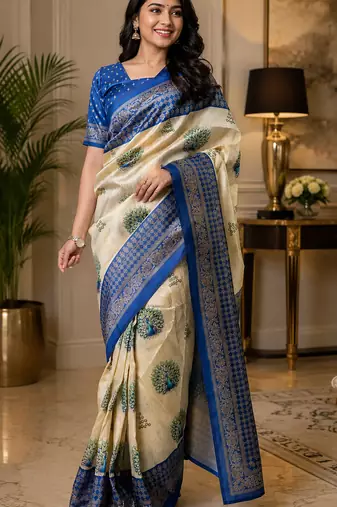 cream chanderi cotton peacock motifs printed ready to wear saree