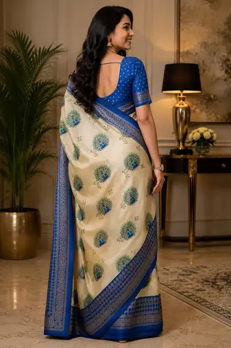 cream chanderi cotton peacock motifs printed ready to wear saree