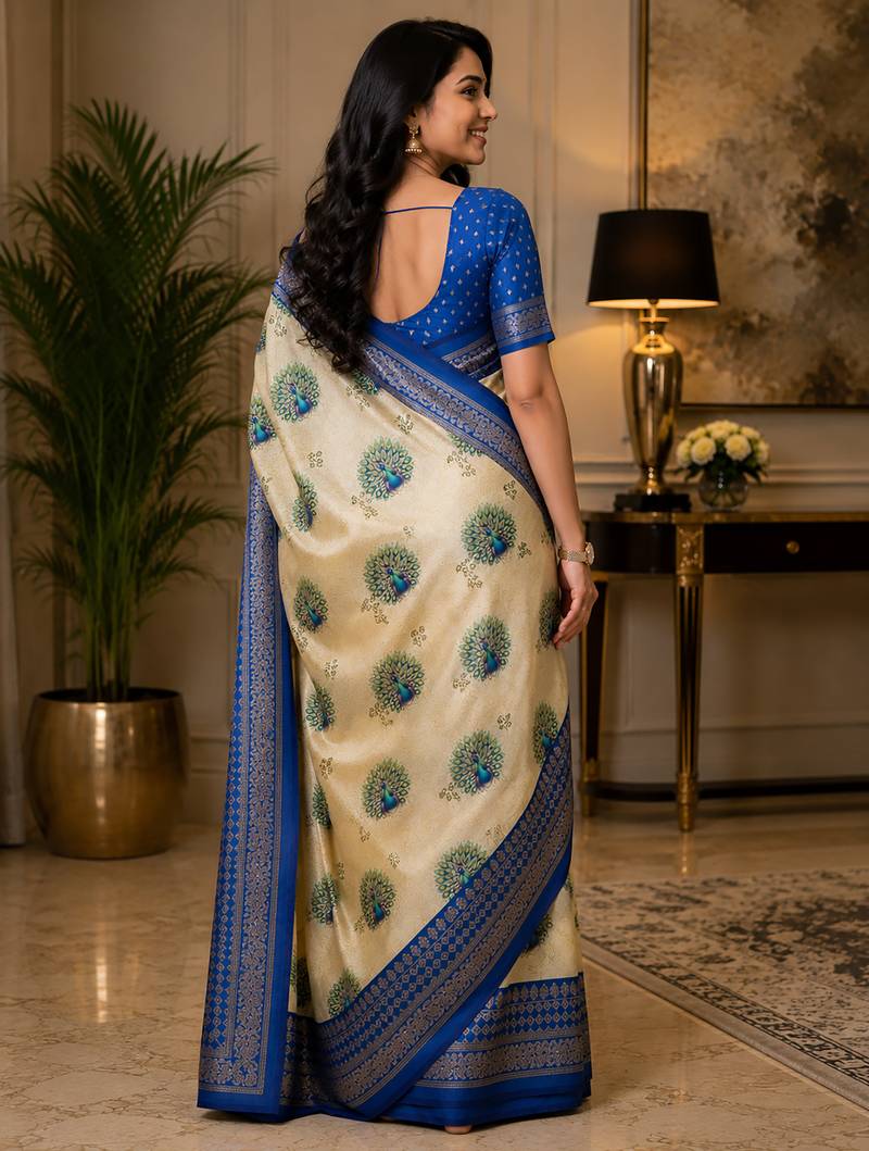 cream chanderi cotton peacock motifs printed ready to wear saree