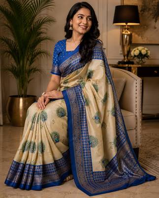 cream chanderi cotton peacock motifs printed ready to wear saree 4