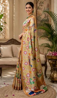 beige chanderi cotton kalamkari printed pre draped saree 2