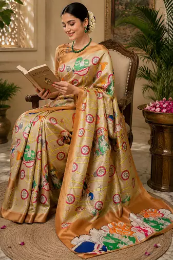 beige chanderi cotton kalamkari printed pre draped saree