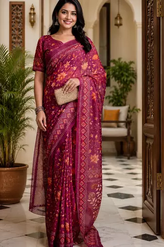 wine chanderi cotton floral jaal printed ready made saree