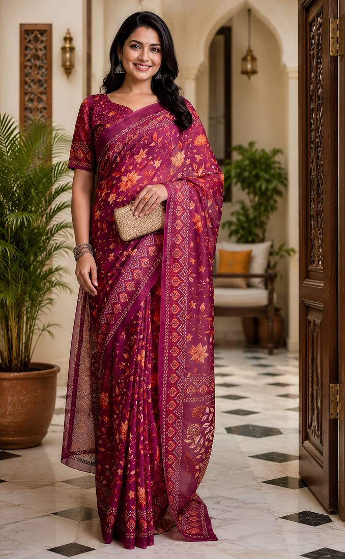wine chanderi cotton floral jaal printed ready made saree