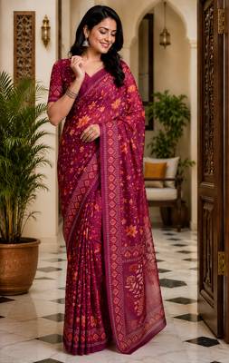 wine chanderi cotton floral jaal printed ready made saree 4