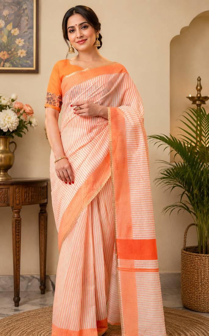 beige & orange chanderi cotton striped printed pre-stitched saree