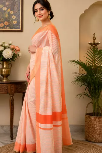 beige & orange chanderi cotton striped printed pre-stitched saree