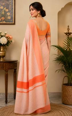beige & orange chanderi cotton striped printed pre-stitched saree 3