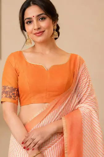 beige & orange chanderi cotton striped printed pre-stitched saree