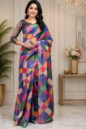 multicolor chanderi cotton blocked checkered printed ready to wear saree