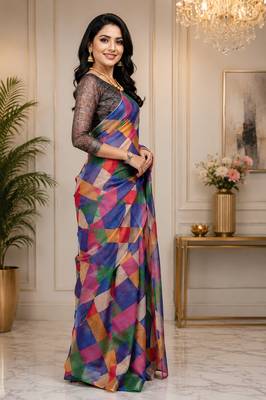 multicolor chanderi cotton blocked checkered printed ready to wear saree 2