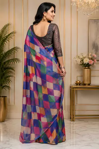 multicolor chanderi cotton blocked checkered printed ready to wear saree