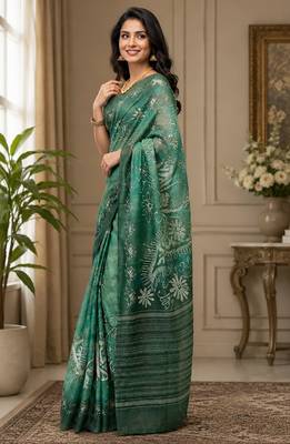 forest green chanderi cotton batik style printed pre draped saree 2