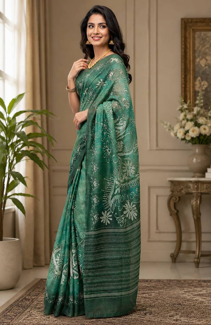 forest green chanderi cotton batik style printed pre draped saree