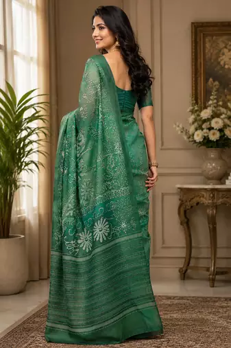 forest green chanderi cotton batik style printed pre draped saree